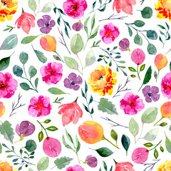 Seamless texture of watercolor flowers and leaves. Bright summer print with foliage, floral elements and tree branches