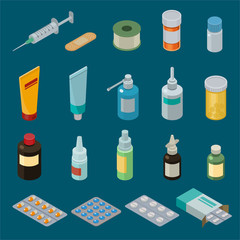 Pharmacy vector medicine drugs or pills in container or mockup bottle illustration medication or pharmaceutics set of medical treatment or healthcare isolated on background