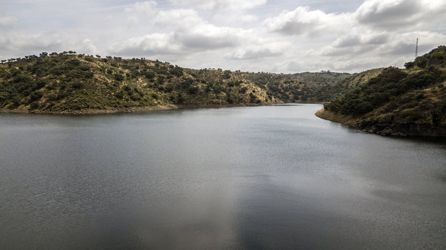 Aerial view of the Rumblar Reservoir at 79% of its capacity, near the population of Baños de la Encina, province of Jaen, Andalusia, Spain