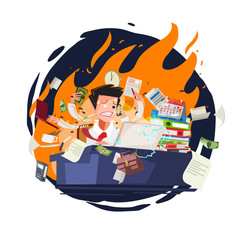 Stressed businessman working quickly and busy with fire in background. character design - vector