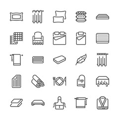 Bedding flat line icons. Orthopedics mattresses, bedroom linen, pillows, sheets set, blanket and duvet illustrations. Thin signs for interior store. Pixel perfect 48x48.