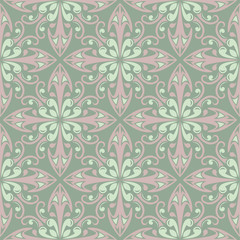 Fototapeta premium Olive green floral seamless pattern with pale pink elements. Background with flower designs
