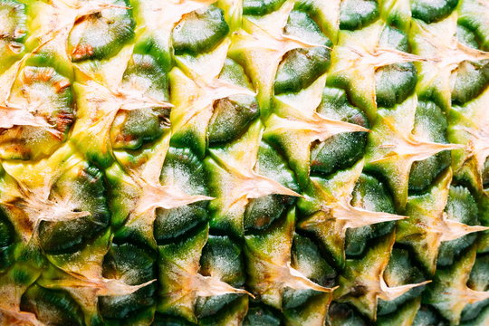 Pineapple close-up background, texture. Flat lay, top view 