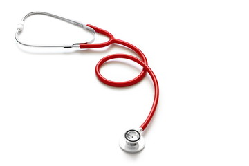 Red stethoscope in the shape of heart, isolated on white background. Flat lay, top view, copy space 