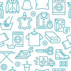 Dry cleaning, laundry blue seamless pattern with line icons. Laundromat service equipment, washing machine, clothing shoe and leaher repair, garment ironing and steaming. Background for launderette.