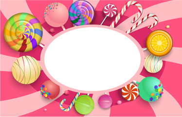 Pink oval background with colorful lollipops.