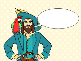 One-legged captain, wooden foot, man is a pirate, a sailor. Vector, pop art background. Imitation comic style. text bubble