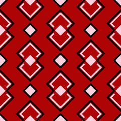 Geometric seamless pattern. Black and white elements on red background