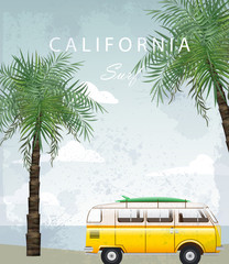 California Summer Travel card with camping car Vector. Camping trailer on palm trees backgrounds