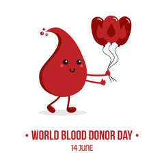 Cartoon blood drop character smiling, holding balloons, concept of celebrating World Blood Donor Day. Vector illustration, card.