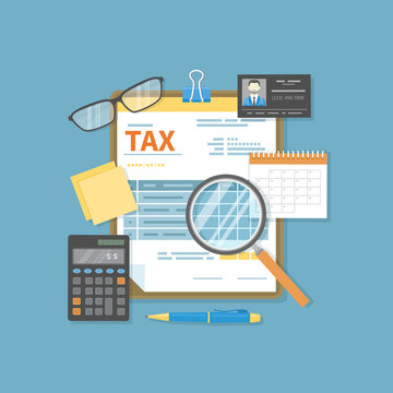 Payment of tax, invoices, checks concept. Financial calendar, tax form for the clipboard, magnifying glass, calculator, pen. Payday icon. Vector illustration
