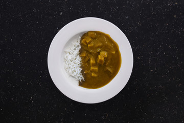 Korean style Curries with basmati rice overhead view