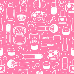 Seamless pattern with cute cosmetics