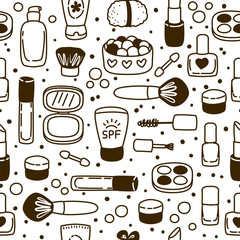 Seamless pattern with cute cosmetics