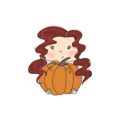 Red Hair Girl With A Pumpkin Isolated On A White Background Hand Drawn Illustration