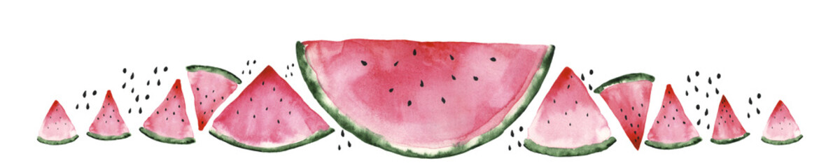 Fresh red watermelon on white isolated background. Watercolor illustration. Concept. Collage