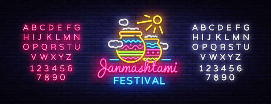 Janmashtami festival neon sign vector design template. Festive illustration of Krishna's birthday. Celebration of Indian holiday design element, light banner, neon design Vector. Editing neon sign