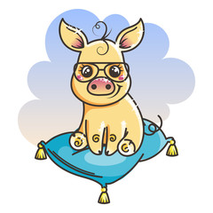 Cute cartoon golden baby pig in a cool sunglasses