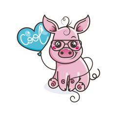 Cute cartoon baby pig in a cool sunglasses