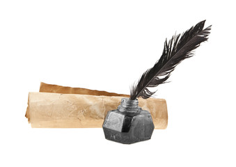 old paper, inkwell and pen isolated on white background