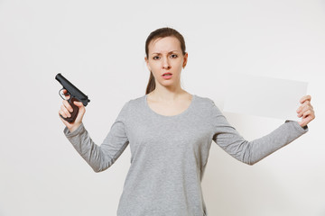Woman holding gun, blank empty sheet card, copy space isolated on white background. Girl hand no shooting symbol. Stop violence, weapons in school control, no killing people children, problem concept.