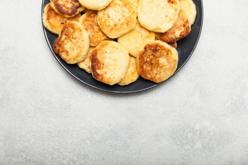 Cottage cheese fried breakfast. Copy space for text.