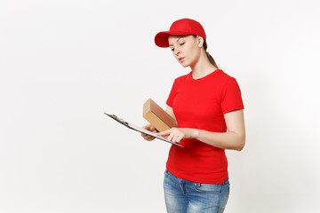 Delivery woman in red uniform isolated on white background. Female courier in cap, t-shirt holding pen, clipboard with papers document, blank empty sheet, cardboard box. Receiving package. Copy space.