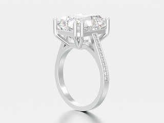 3D illustration silver traditional solitaire engagement diamond ring with radiant diamond