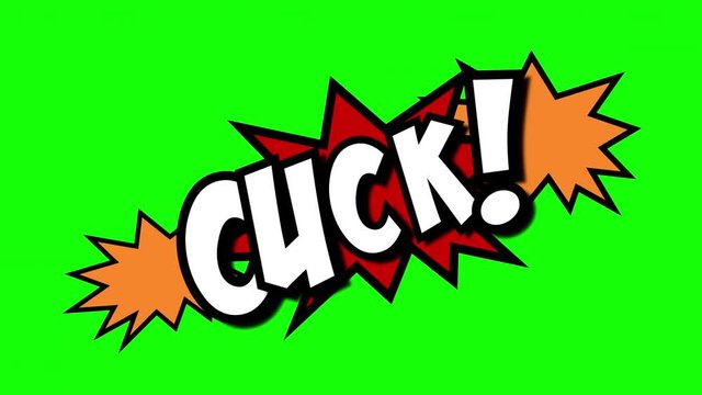 A comic strip speech cartoon animation with an explosion shape. Words: spit, cuck, tard. White text, red and yellow spikes, green background.
