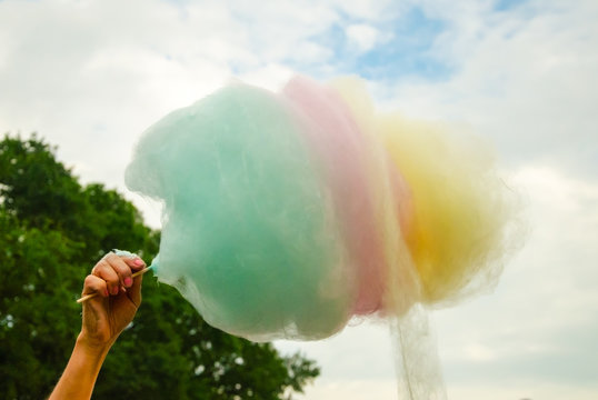 The Hand Of Women Holding Coloured  Cotton Candy In The Background Of The Blue Sky And Green Tree