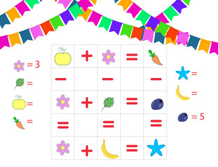 Counting Game for Preschool Children. Mathematics task. How many objects. Learning mathematics, numbers