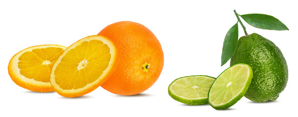 Fresh lime isolated and orange on white background with clipping path