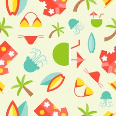 Summer theme seamless pattern, surfboard, Hawaii shirt, palm tree, bikini, jelly fish, coconut juice