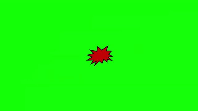 A comic strip speech cartoon animation with an explosion shape. Words: splat, slurp, vroom. White text, red and yellow spikes, green background.
