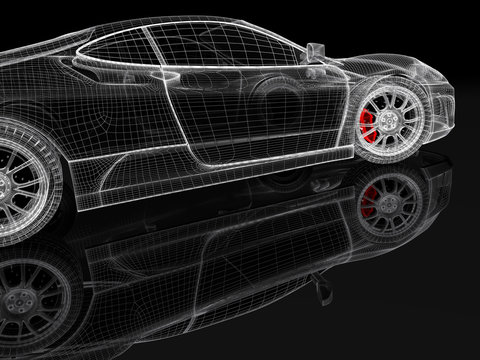 3D car mesh on a black