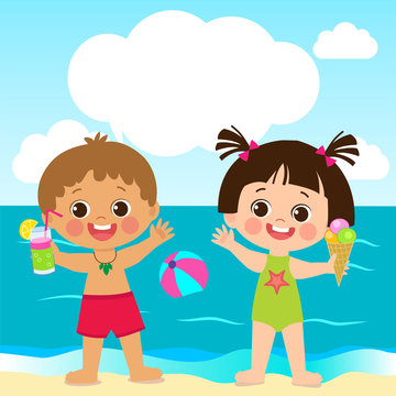 Cute Little Boy And Girl Playing With Sand On Summer Beach. Kids On The Beach Summer Holiday Vector Illustration. Background With Space For Text. It Was Real Fun.