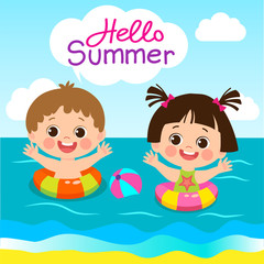 Fun Summer Activities For Kids. Summer Kids Vector. Happy Children Playing On The Beach Flat Vector Illustration. Cute Boy And Girl With Swim Ring Playing At The Beach In Summer Time.