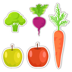 Ripe Fruits and Vegetables Vector Stickers Set