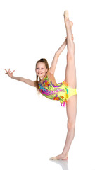 Fototapeta premium The gymnast balances on one leg.