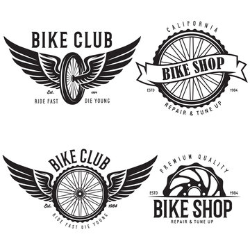 Set of vintage and modern bike shop logo badges and labels. Cycle wheel isolated vector. Old style bicycle shop and club logotypes.