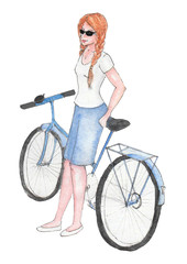 Fototapeta na wymiar Watercolor girl with a Bicycle
