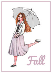 Watercolor poster "Fall", girl with umbrella