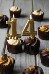 Number 14 celebration birthday cupcakes on a wooden background