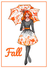 Watercolor poster "Fall", girl in autumn clothes