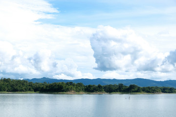 Beautiful view ,mountain on the lake and blue sky at Kanchanaburi,Thailand
