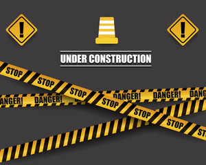 Black and yellow warning sign with striped ribbon. Site under construction illustration. for web