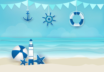 Fototapeta na wymiar Summer holiday blue background, nautical concept. Paper art, paper craft style illustration