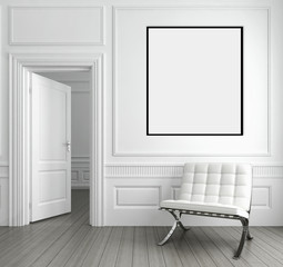 Modern bright interiors apartment with mockup poster frame 3D rendering illustration