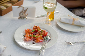 beautiful food in a plate on a table in a restaurant
