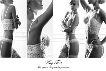 Black and white bridal lingerie collection. Sexy women posing in white underwear.